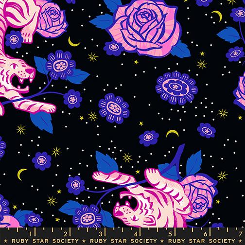 Ink Shop Tigers Black - Quilt Fabric, zoomed in. Select this picture to zoom back out.