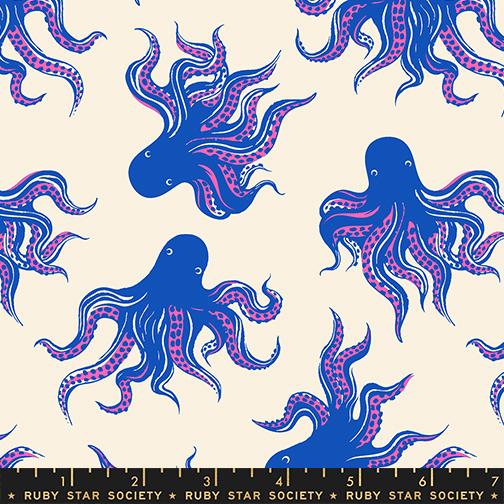 Ink Shop Octopus Blue Ribbon - Quilt Fabric, zoomed in. Select this picture to zoom back out.