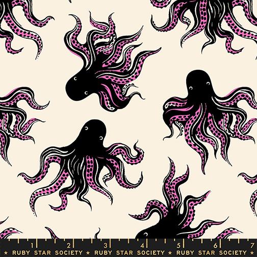 Ink Shop Octopus Black - Quilt Fabric, zoomed in. Select this picture to zoom back out.
