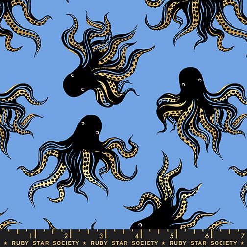 Ink Shop Octopus Metallic Lindley Blue - Quilt Fabric, zoomed in. Select this picture to zoom back out.