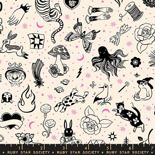 Ink Shop Tattoo Natural - Quilt Fabric, zoomed in. Select this picture to zoom back out.