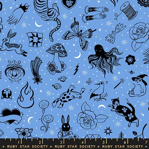 Ink Shop Tattoo Lindley Blue - Quilt Fabric, zoomed in. Select this picture to zoom back out.
