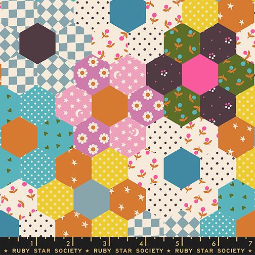 Catnap Hexagon Turquoise - Quilt Fabric