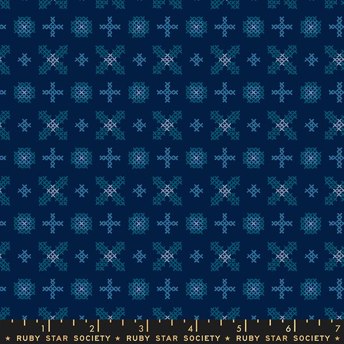 Winterglow Navy - Cross Stitch Novelty Winter - Quilt Fabric