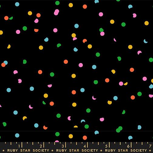 Sidekicks Multi-Color On Black - Quilt Fabric, zoomed in. Select this picture to zoom back out.