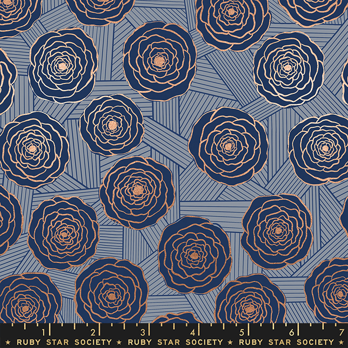 Floradora Metallic Navy - Bunch Of Roses - Quilt Fabric