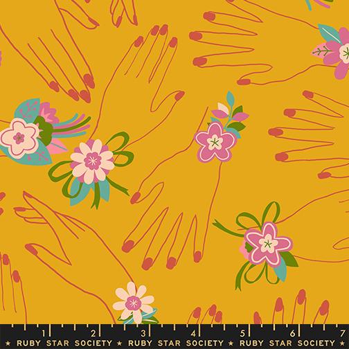 Corsage Hands Goldenrod - Quilt Fabric, zoomed in. Select this picture to zoom back out.