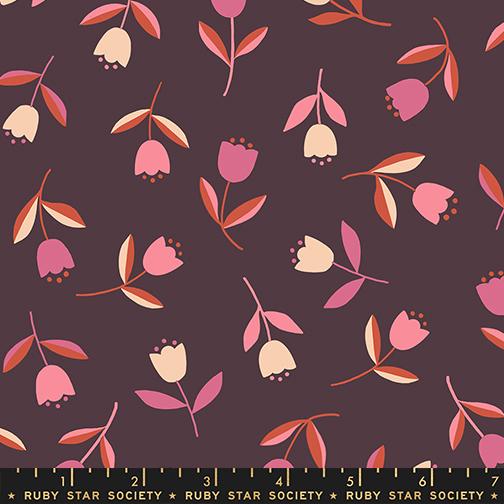 Corsage Tulips Eggplant - Quilt Fabric, zoomed in. Select this picture to zoom back out.