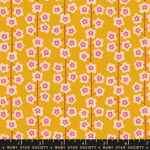 Corsage Blossoms Goldenrod - Quilt Fabric, zoomed in. Select this picture to zoom back out.