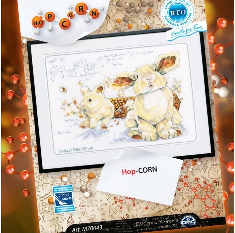 Hop-Corn - Cross Stitch Kit, different perspective #1, zoomed in. Select this picture to zoom back out.