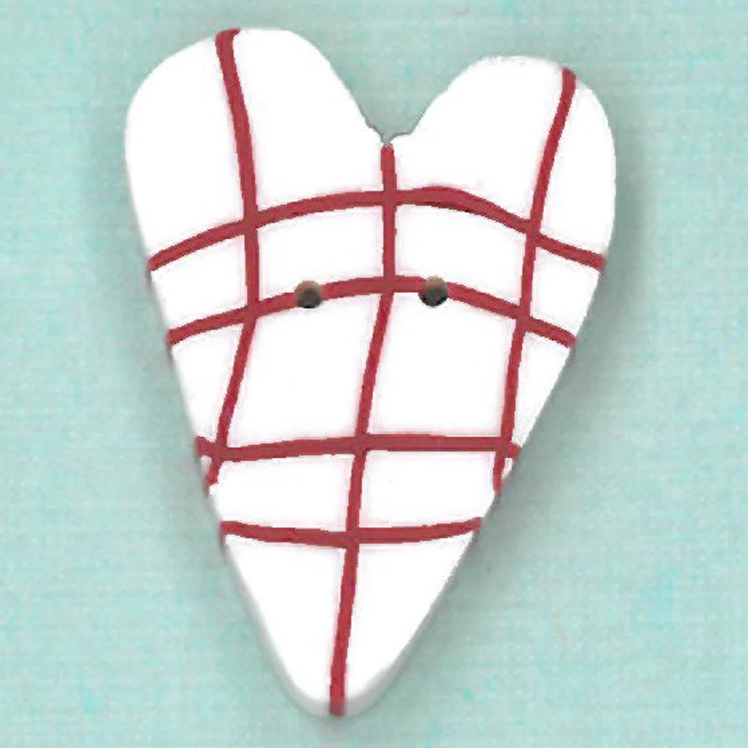 White Plaid Heart - Red & White - Button