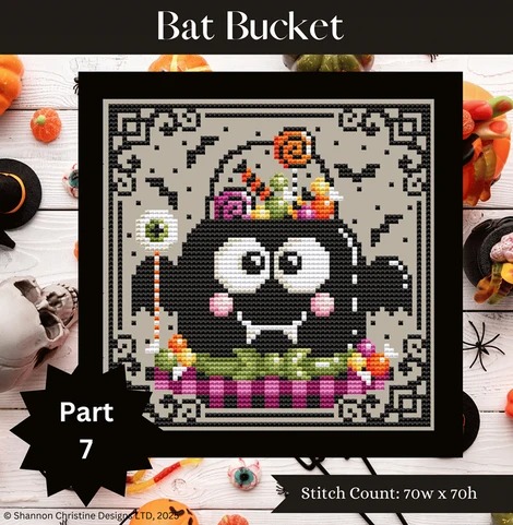 Bat Bucket - Halloween Cross Stitch Pattern, zoomed in. Select this picture to zoom back out.