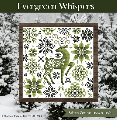 Evergreen Whispers - Chirstmas Cross Stitch Pattern, zoomed in. Select this picture to zoom back out.
