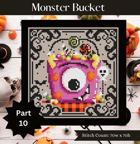 Monster Bucket - Halloween Cross Stitch Pattern, zoomed in. Select this picture to zoom back out.