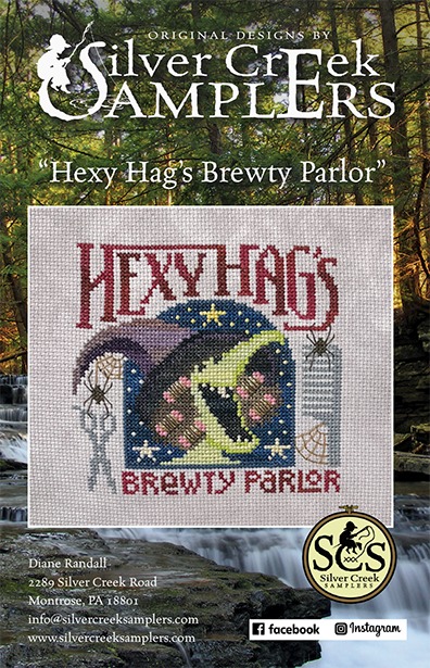 Hexy Hag's Brewty Parlor - Halloween Cross Stitch Pattern, zoomed in. Select this picture to zoom back out.