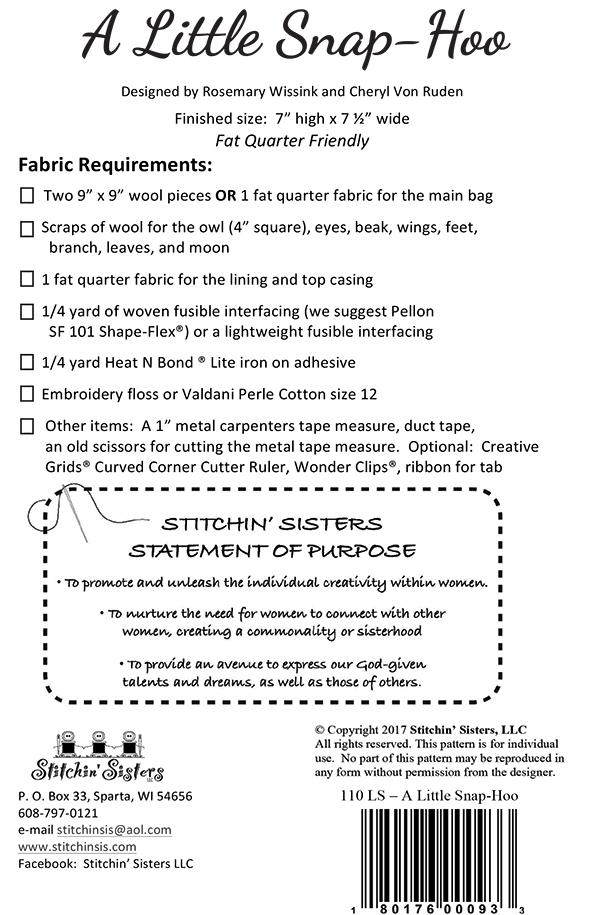 A Little Snap-Hoo - Sewing Pattern, different perspective #1, zoomed in. Select this picture to zoom back out.
