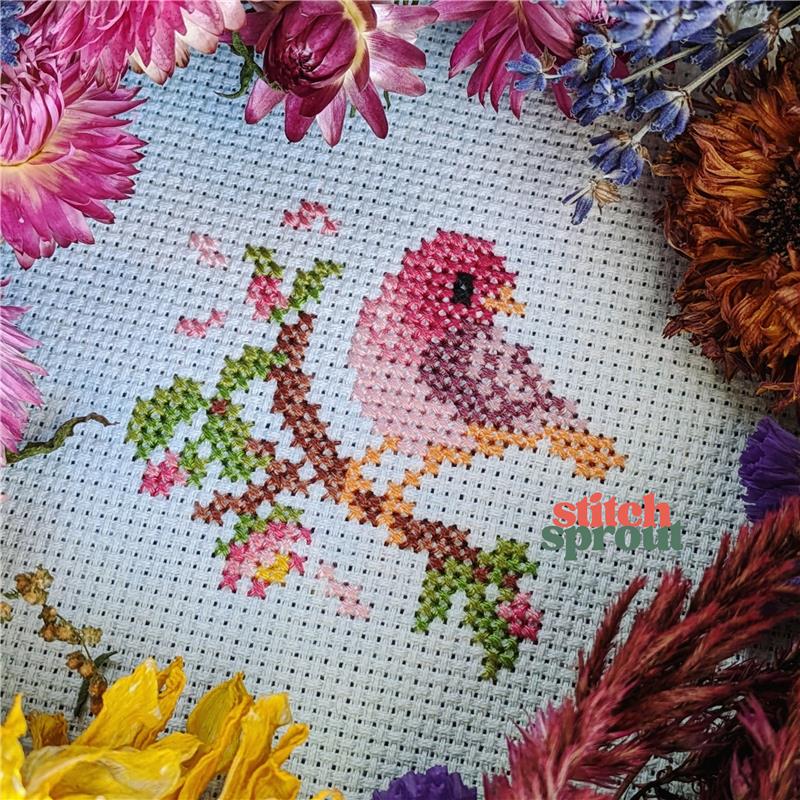 Rose Finch on Cherry Blossom - Cross Stitch Pattern