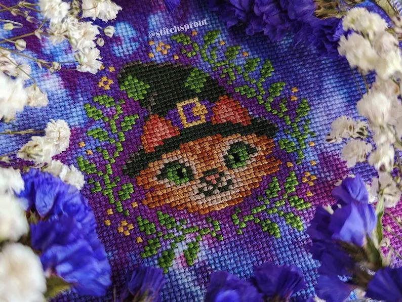 Herbal Witch Cat - Halloween Cross Stitch Pattern
