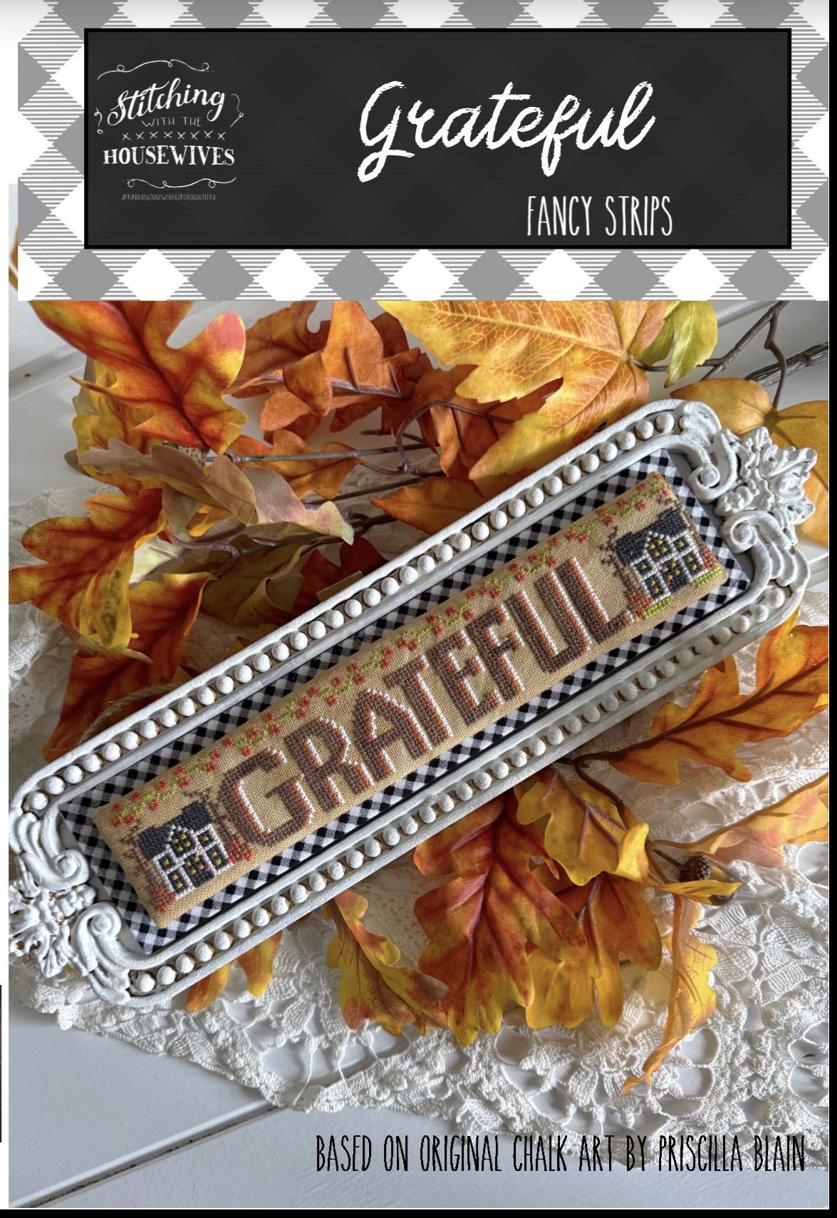 Fancy Strips: Grateful - Thanksgiving Cross Stitch Pattern, zoomed in. Select this picture to zoom back out.