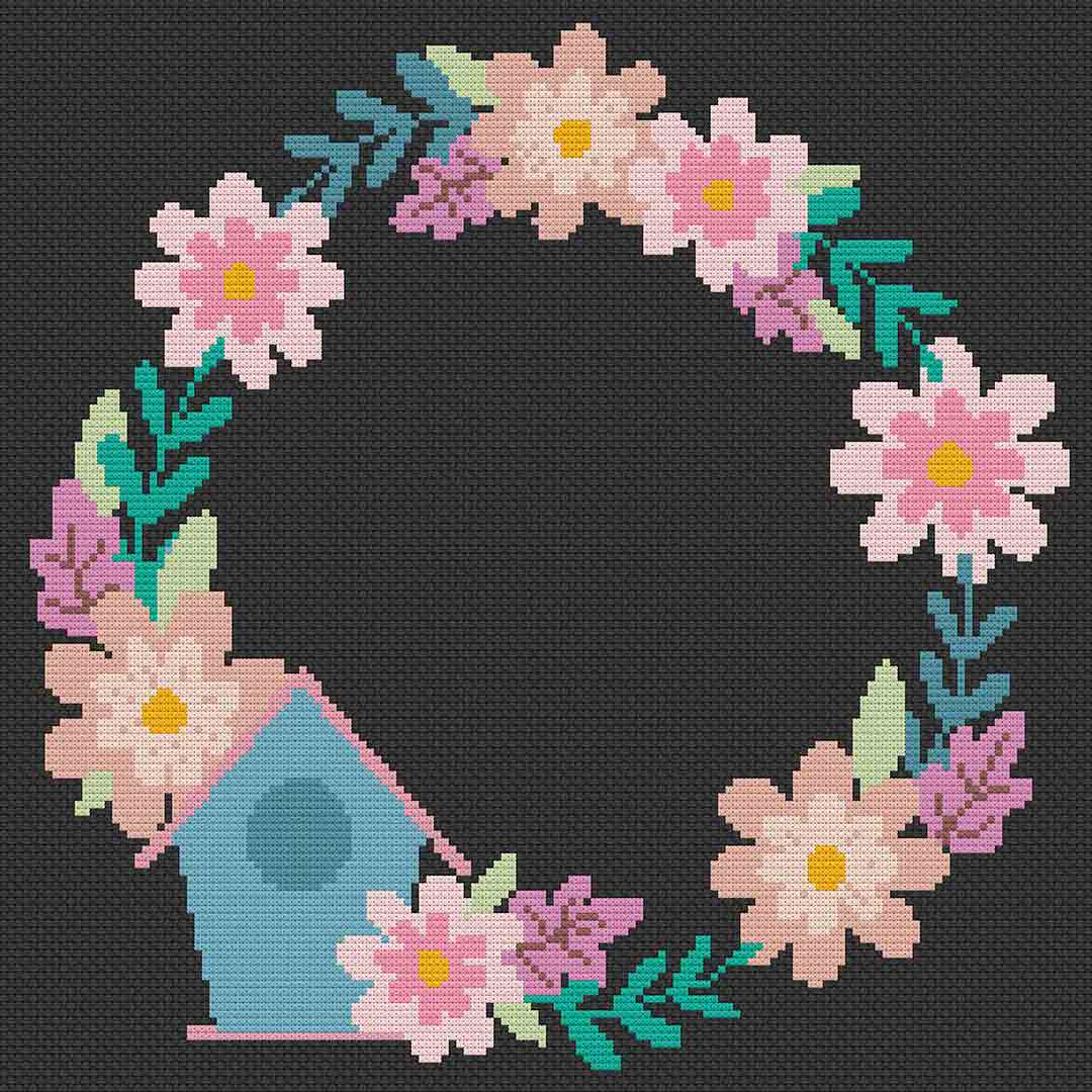 Birdhouse And Flowers Border - Cross Stitch Pattern
