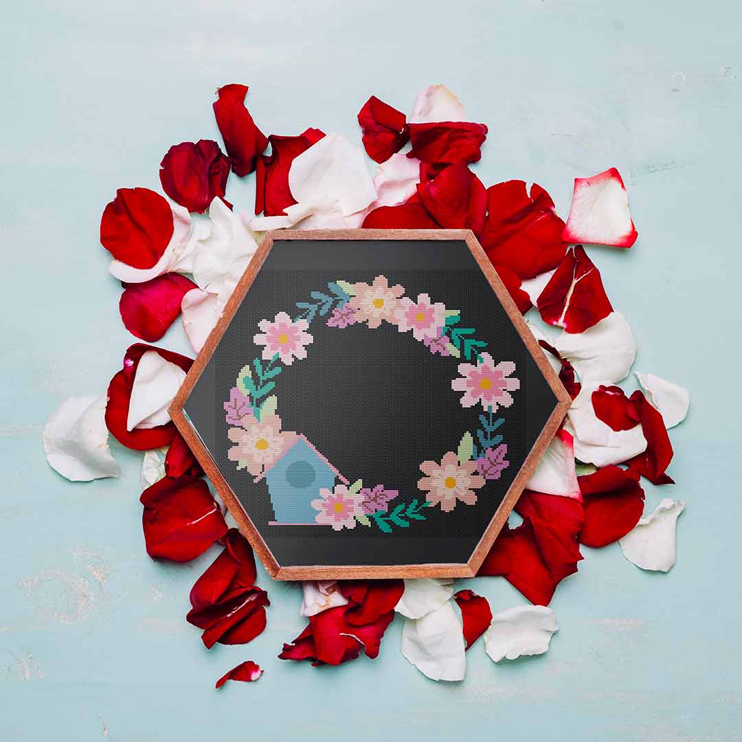 Birdhouse And Flowers Border - Cross Stitch Pattern