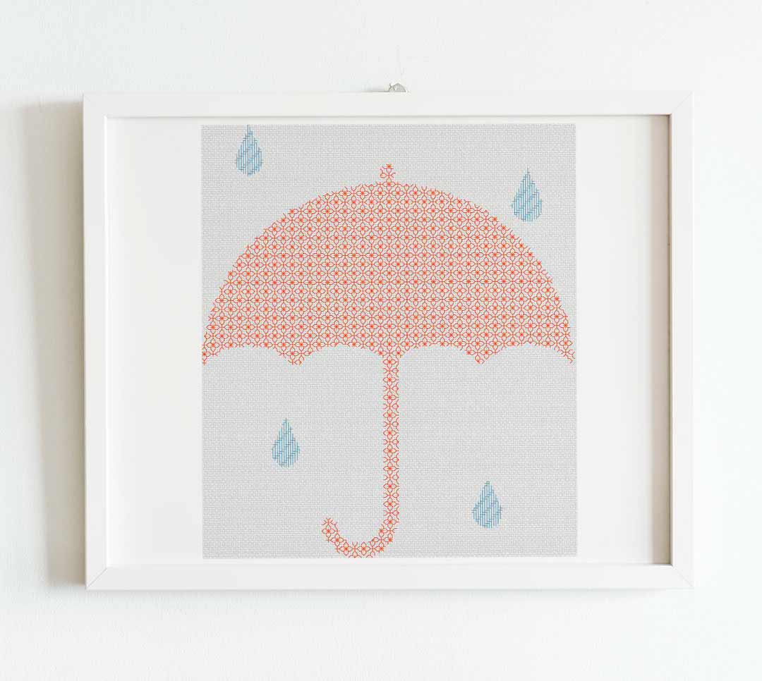 Blackwork Umbrella and Raindrops - Cross Stitch Pattern