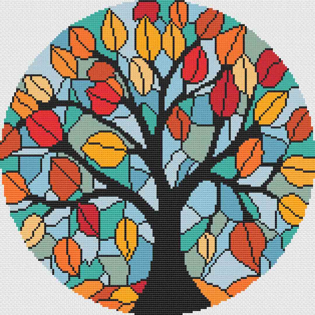 Stained Glass Autumn Leaves - Cross Stitch Pattern