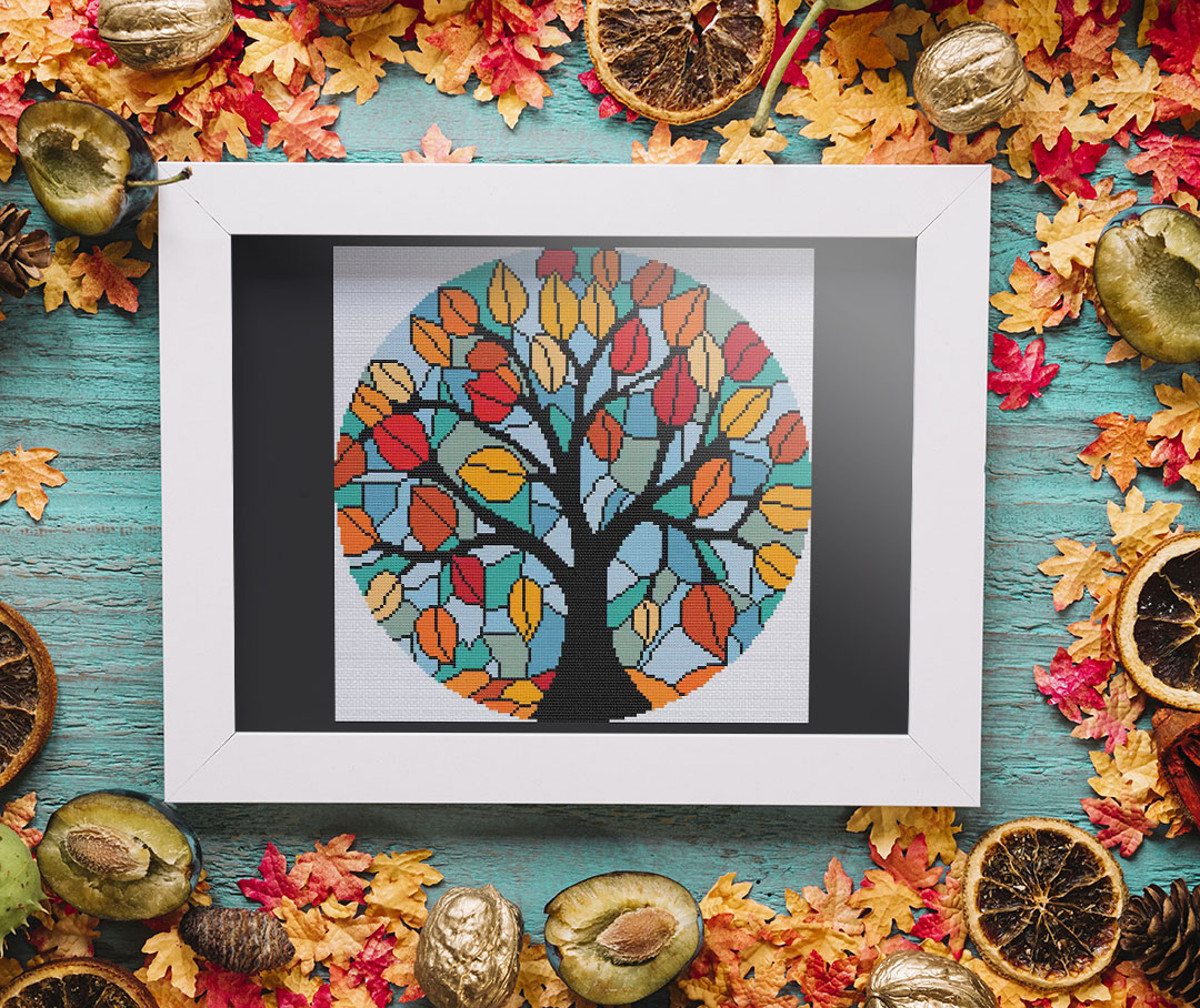 Stained Glass Autumn Leaves - Cross Stitch Pattern