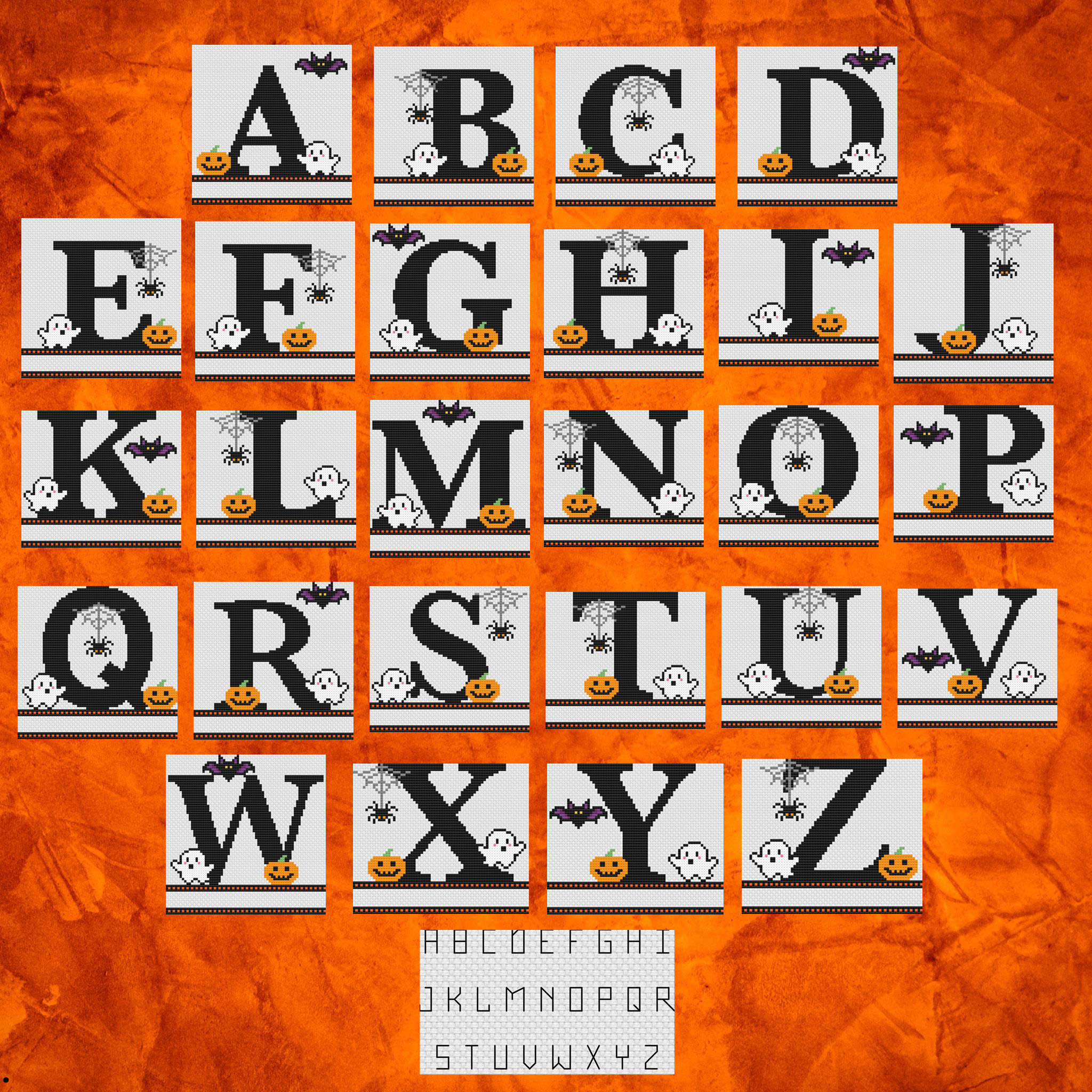 Spooky Monograms - Halloween Cross Stitch Pattern, different perspective #2, zoomed in. Select this picture to zoom back out.