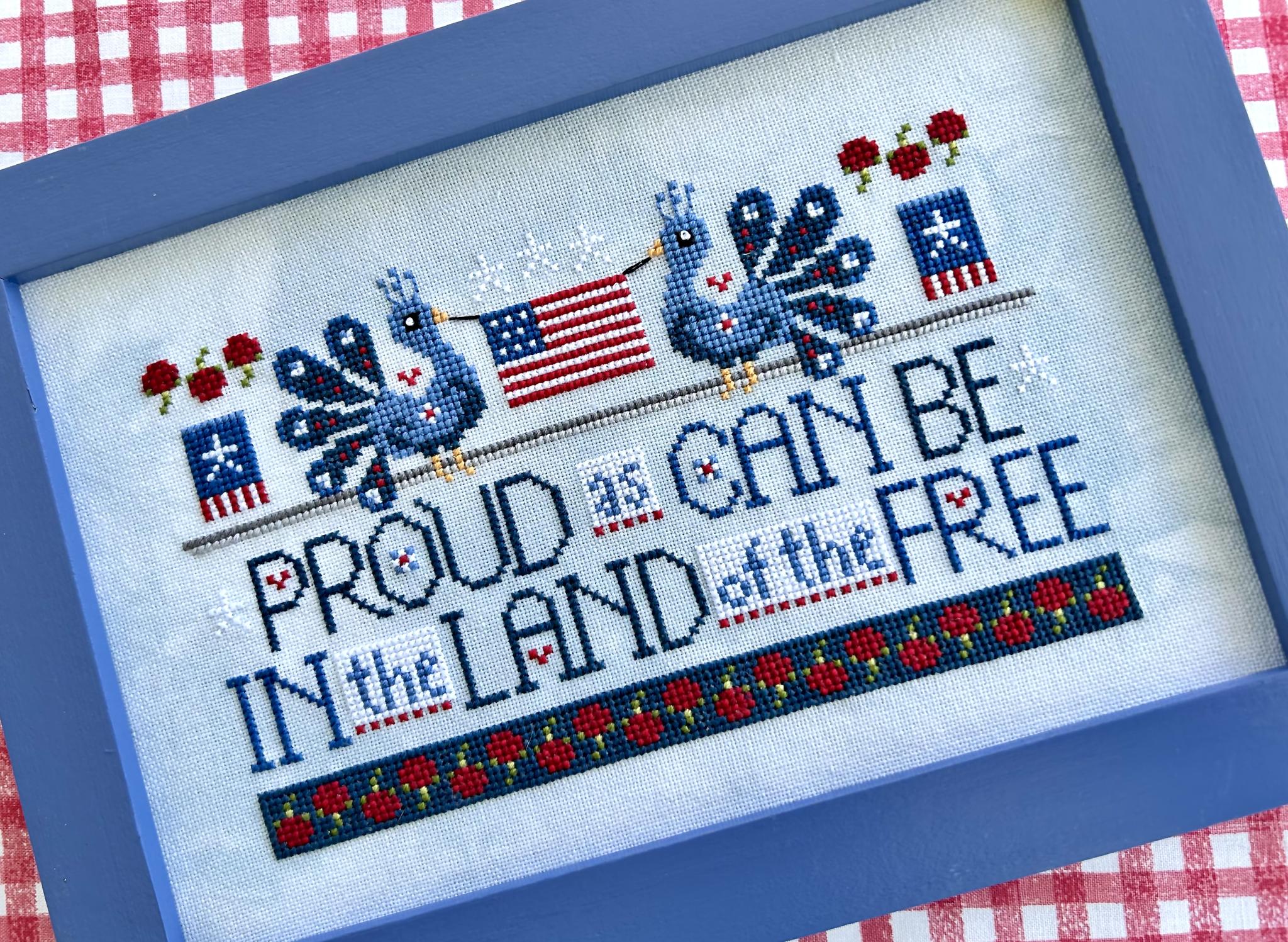 WordyBirds - July - Patriotic Cross Stitch Pattern, zoomed in. Select this picture to zoom back out.