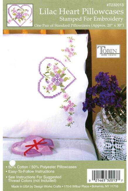 Lilac Heart Pillowcase Pair - Stamped Embroidery Kit