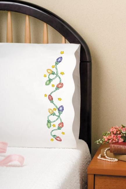 Christmas Lights Pillowcase Pair - Stamped Embroidery Kit