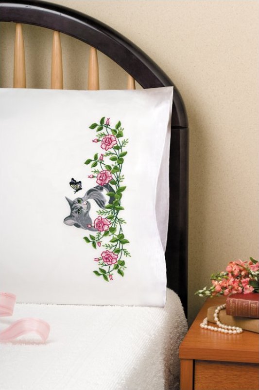 Grey Cat - Pillowcase Embroidery Kit