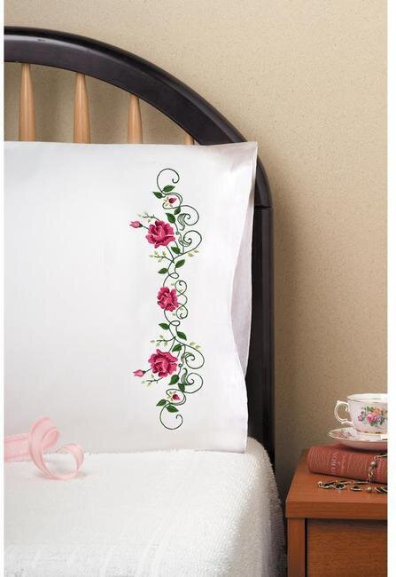 Rose Vines Pillowcase Pair Stamped Embroidery Kit