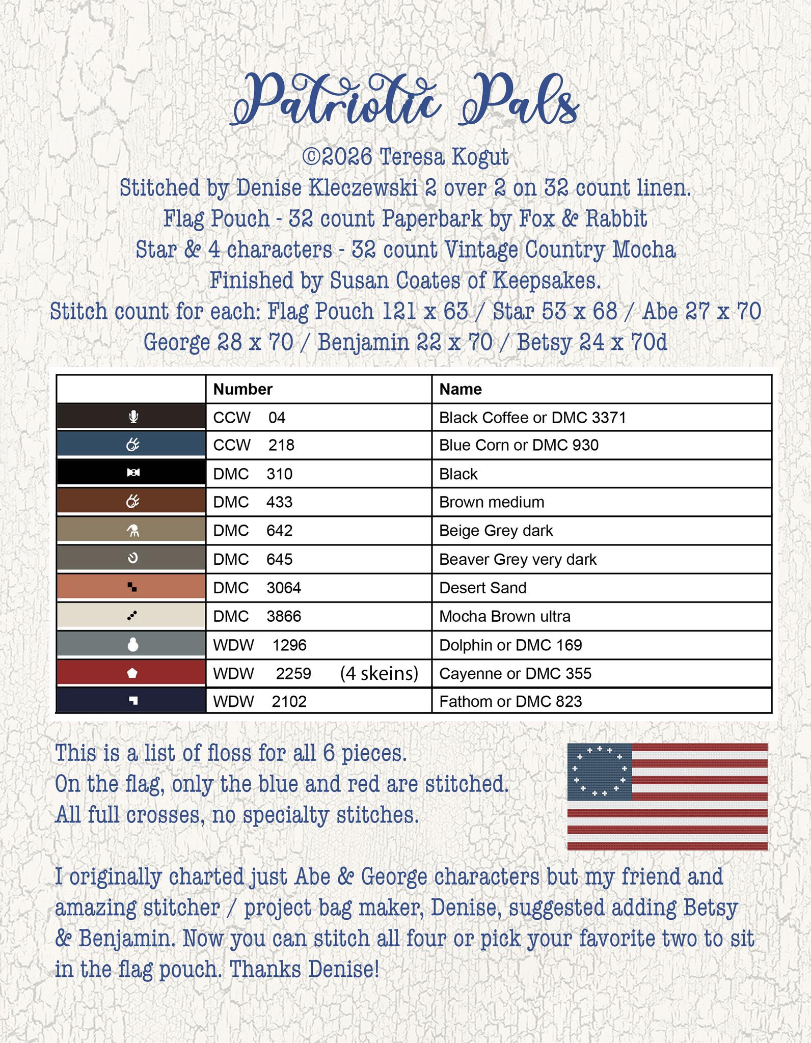 Patriotic Pals - Cross Stitch Pattern, different perspective #1, zoomed in. Select this picture to zoom back out.