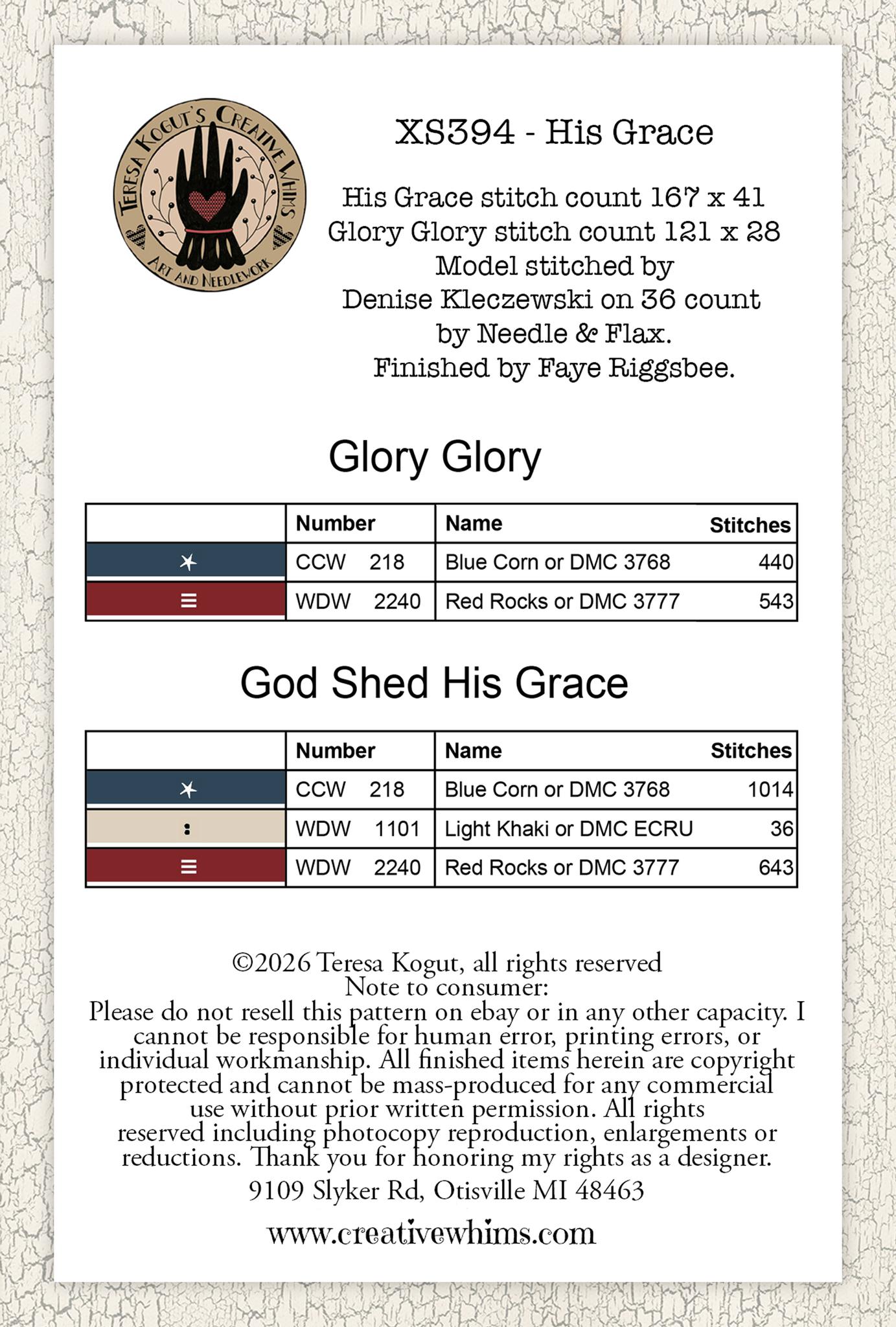 His Grace - Christian Cross Stitch Pattern, different perspective #1, zoomed in. Select this picture to zoom back out.