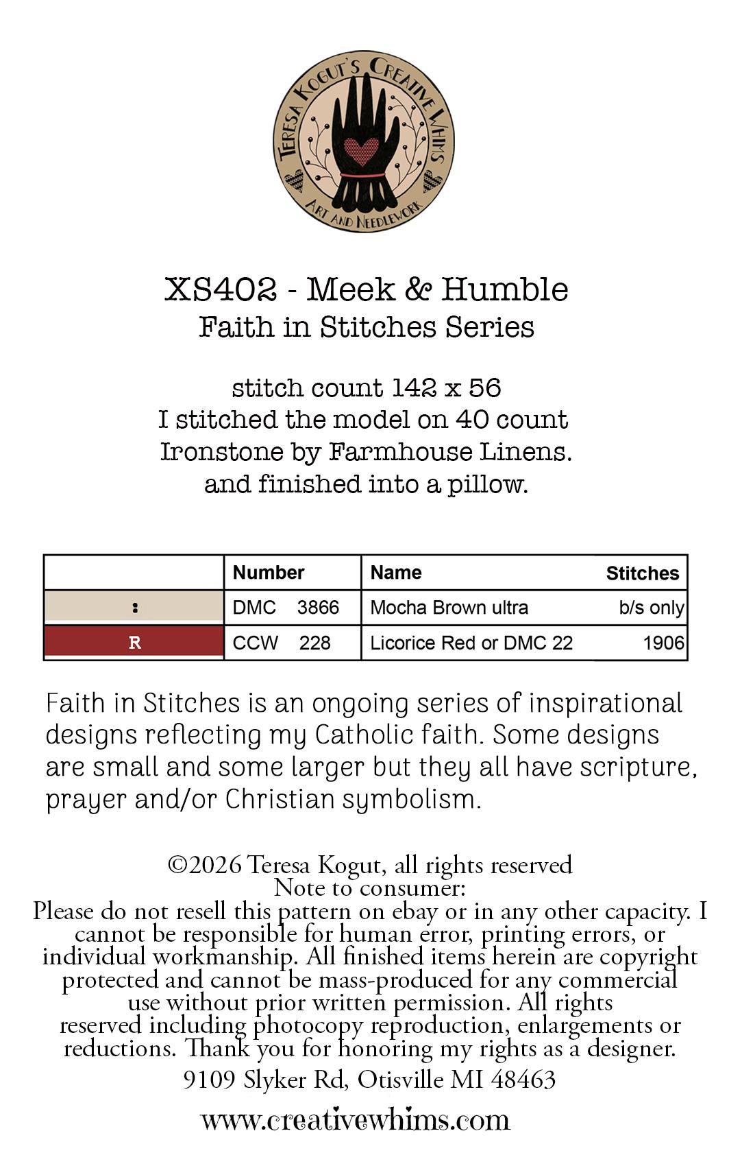Meek & Humble - Christian Cross Stitch Pattern, different perspective #1, zoomed in. Select this picture to zoom back out.