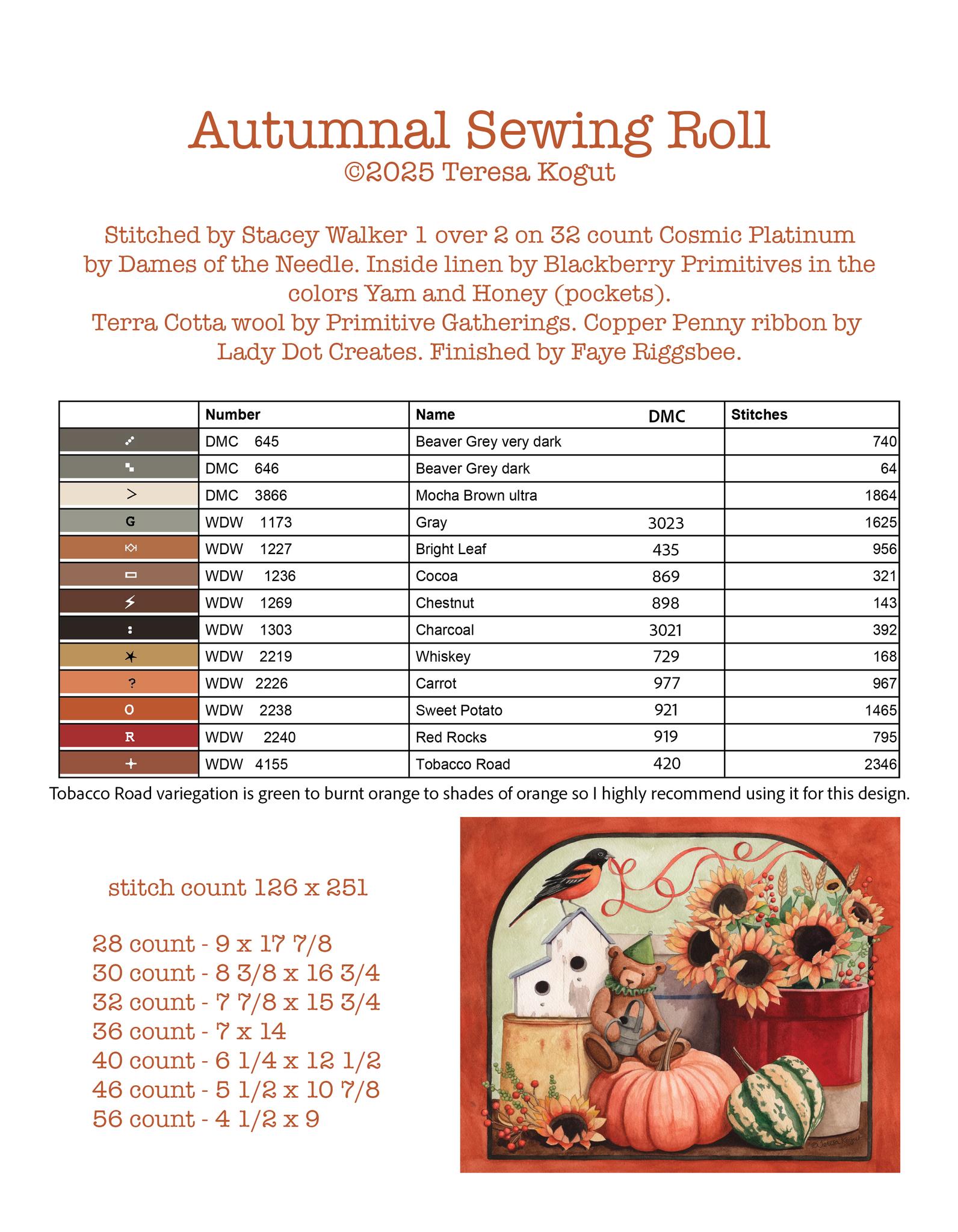 Autumn Sewing Roll - Cross Stitch Pattern, different perspective #1, zoomed in. Select this picture to zoom back out.