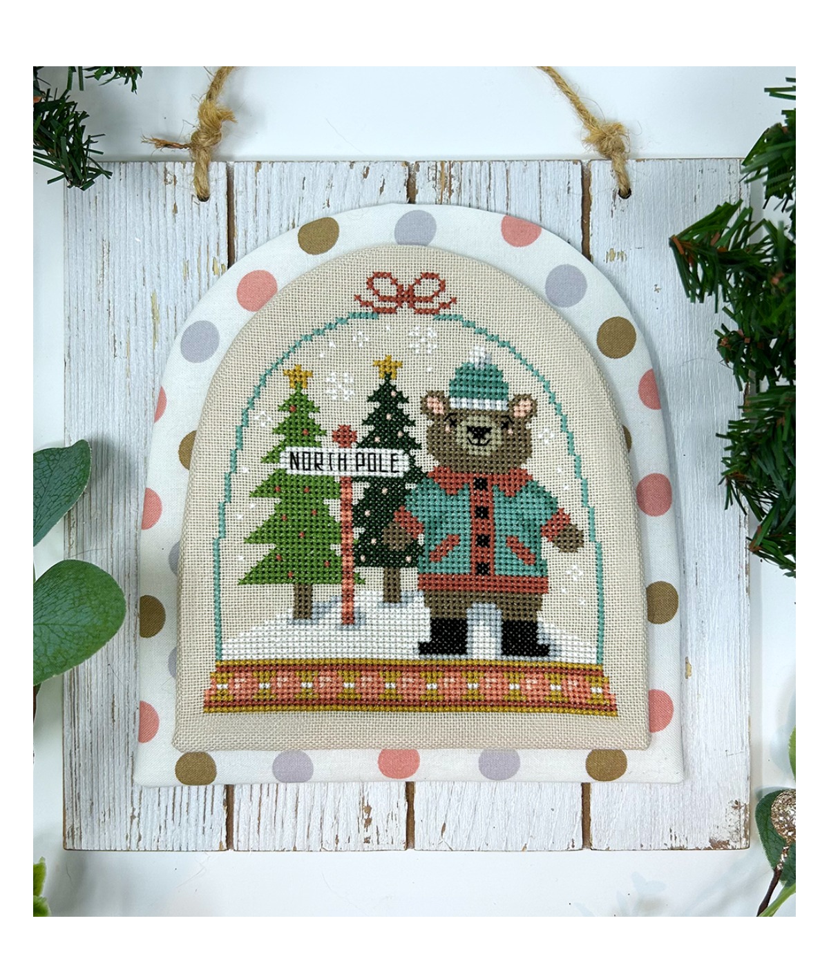 Winter Forest Snowglobes: Bear - Christmas Cross Stitch , zoomed in. Select this picture to zoom back out.