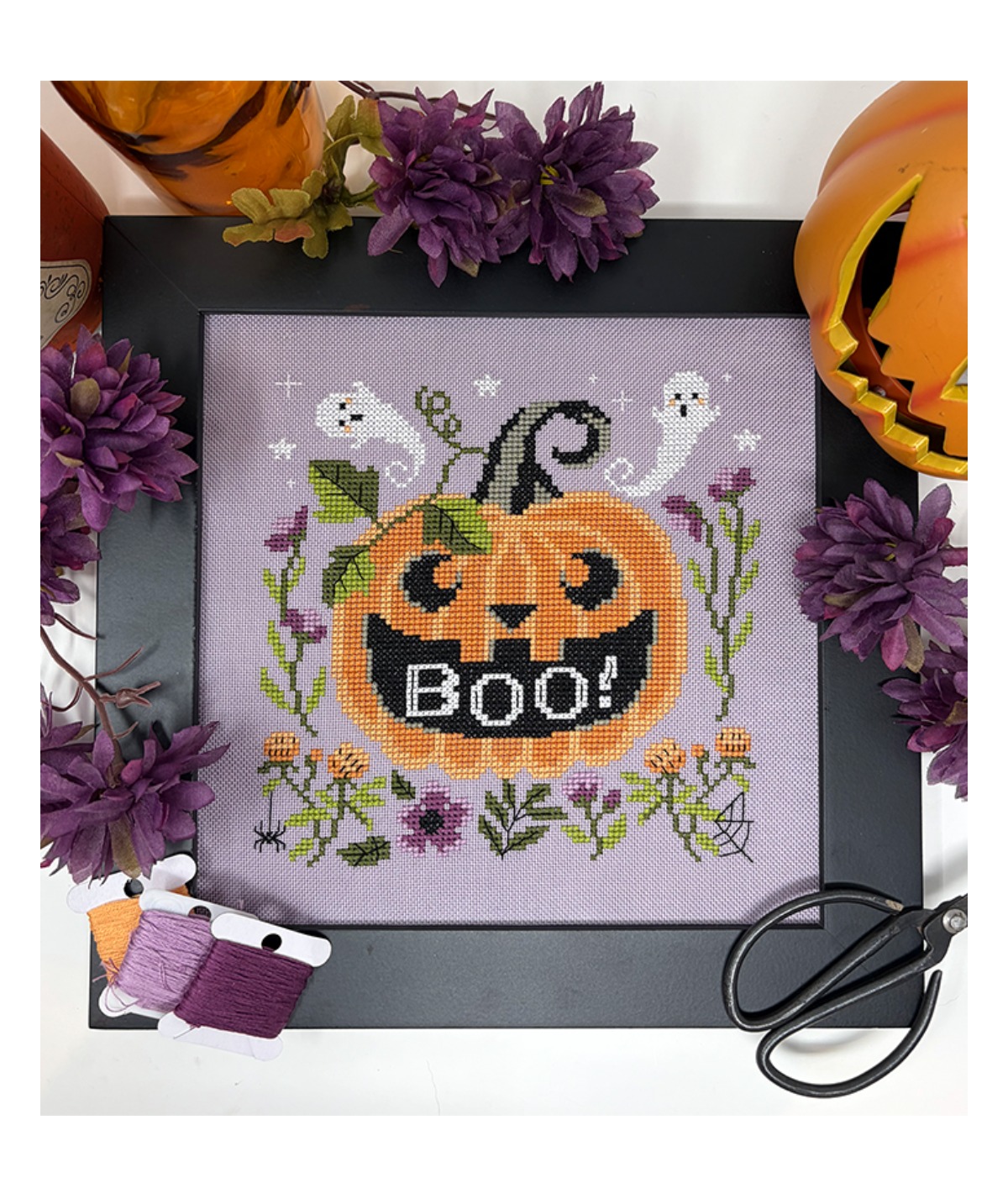 Boo Pumpkin - Halloween Cross Stitch Pattern , zoomed in. Select this picture to zoom back out.