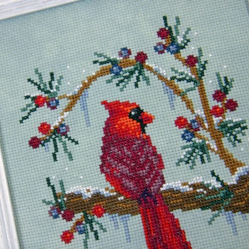 Winter's Cardinal - Cross Stitch Pattern, different perspective #1, zoomed in. Select this picture to zoom back out.
