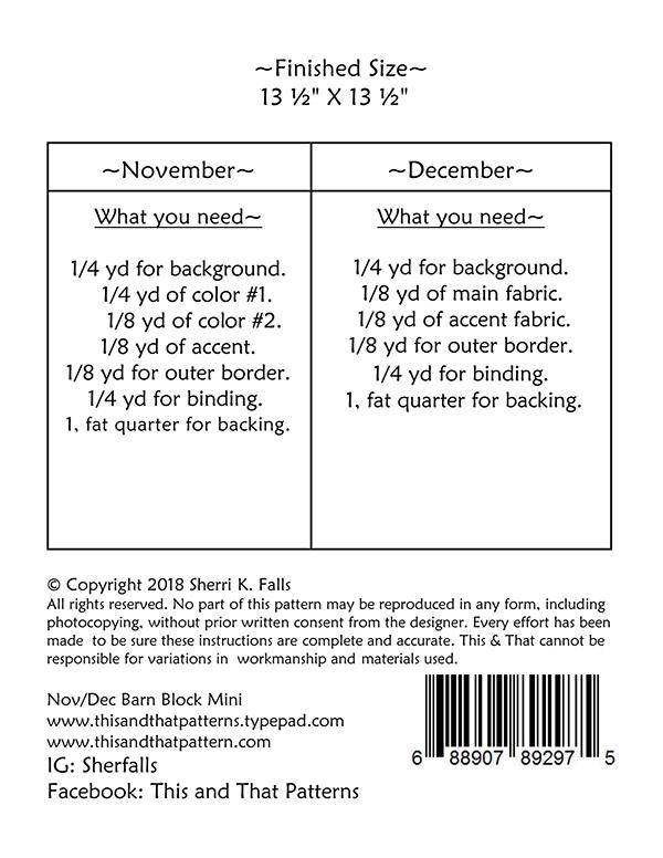 Barn Block Mini Series Nov/Dec - Quilt Pattern
