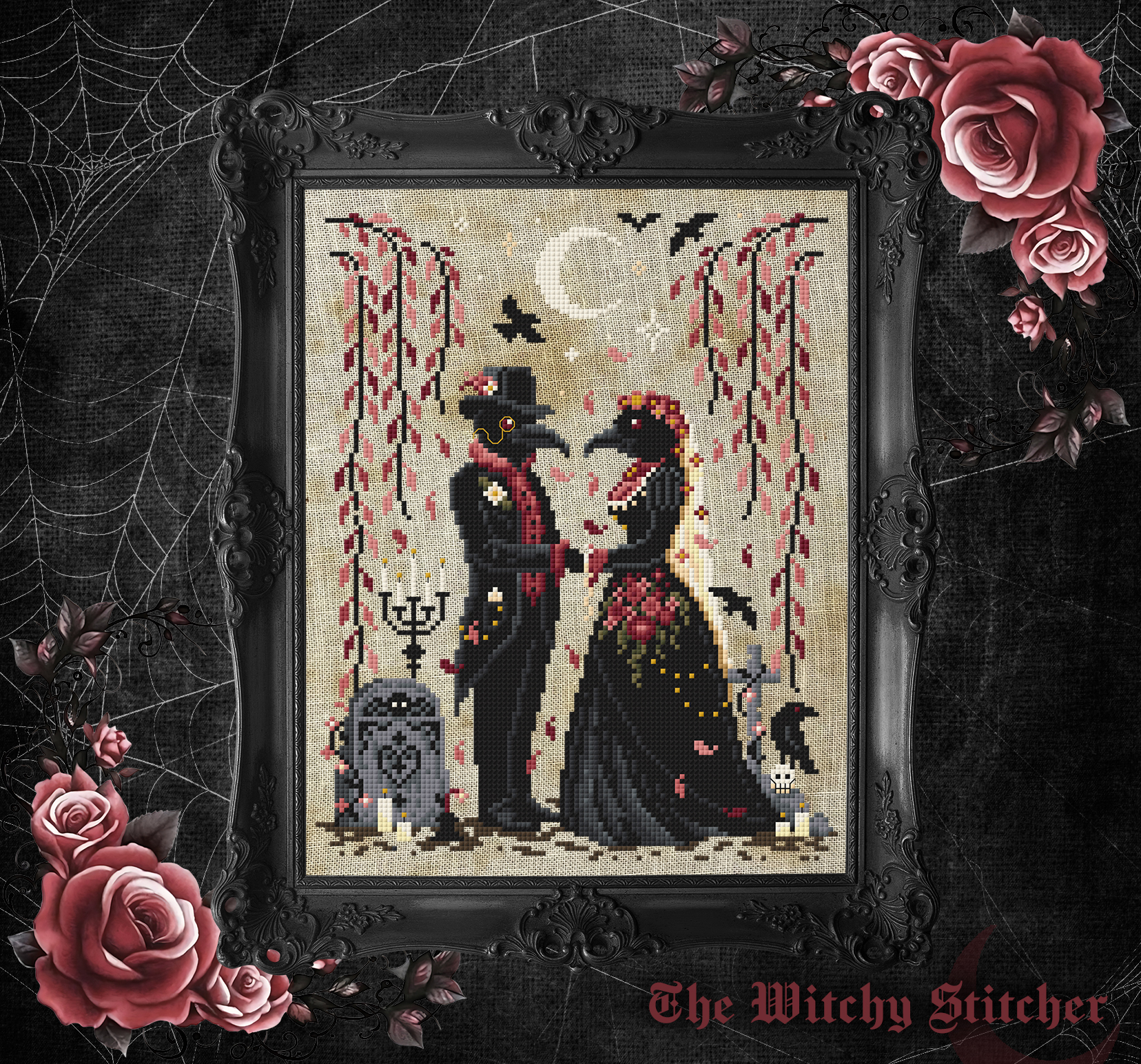 A Graveyard Union - Halloween Cross Stitch Pattern, different perspective #1, zoomed in. Select this picture to zoom back out.