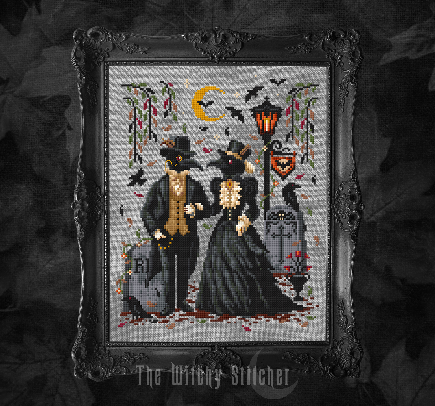 A Graveyard Wander - Halloween Cross Stitch Pattern, different perspective #1, zoomed in. Select this picture to zoom back out.