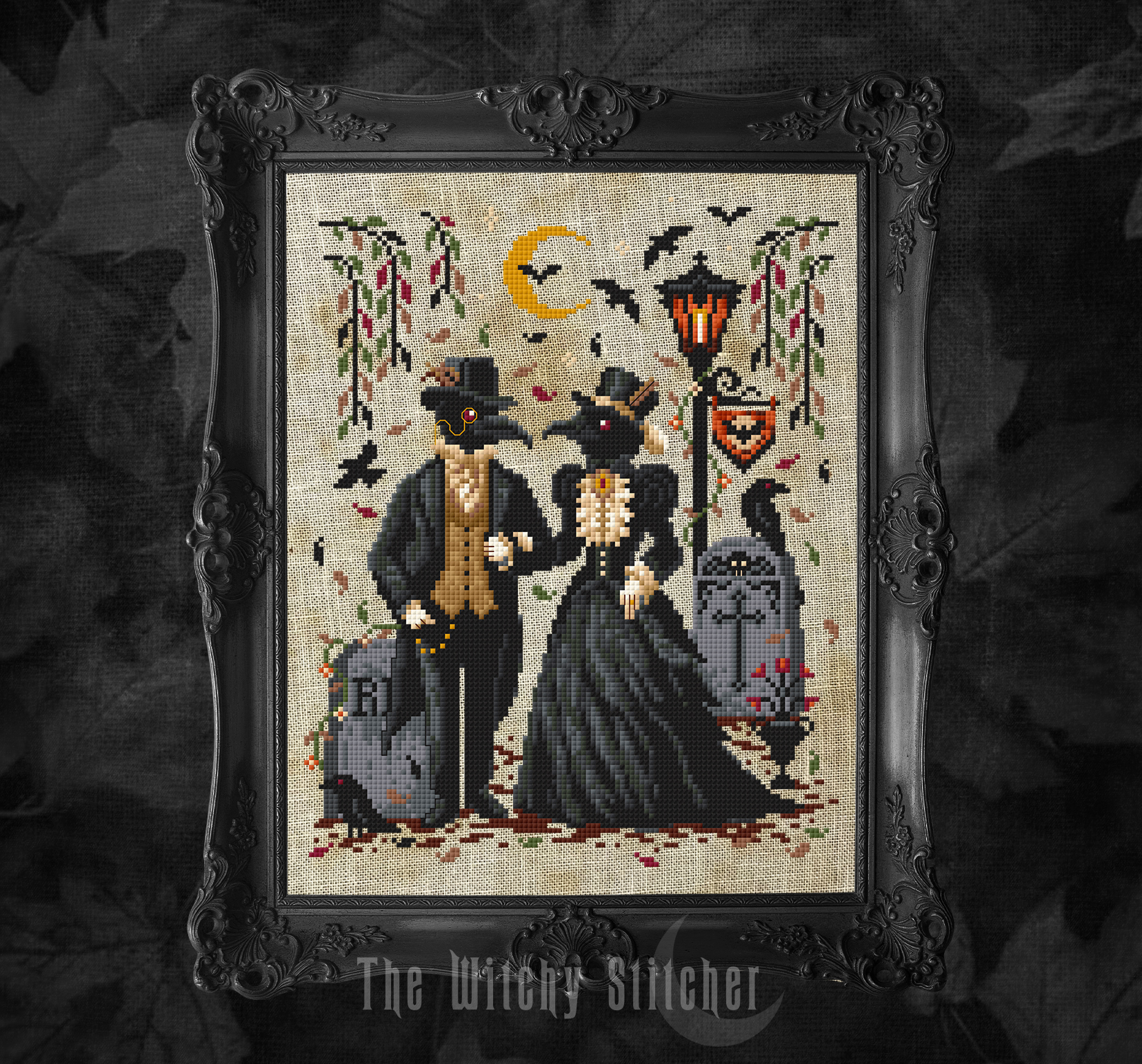 A Graveyard Wander - Halloween Cross Stitch Pattern, different perspective #2, zoomed in. Select this picture to zoom back out.