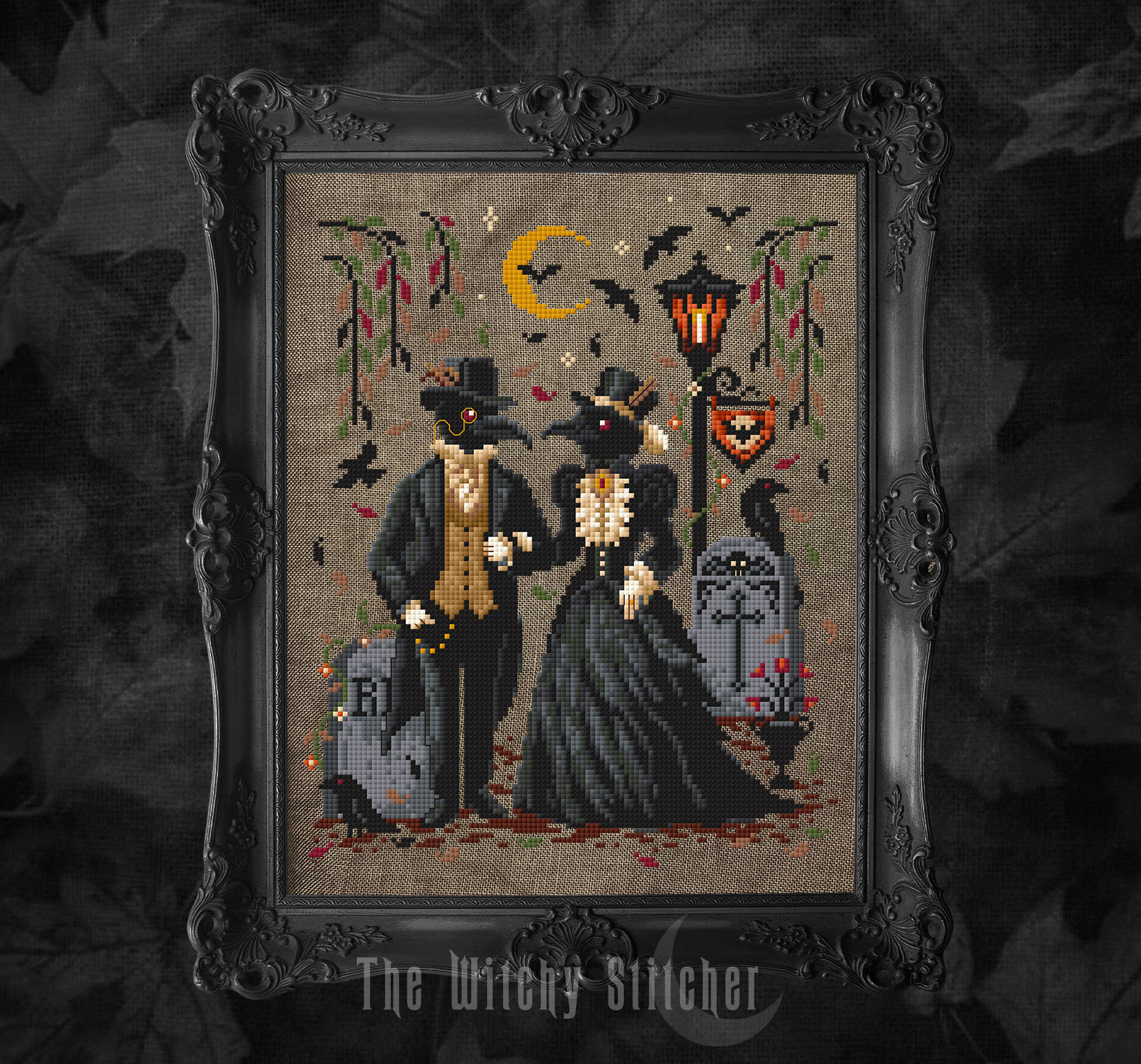 A Graveyard Wander - Halloween Cross Stitch Pattern, zoomed in. Select this picture to zoom back out.