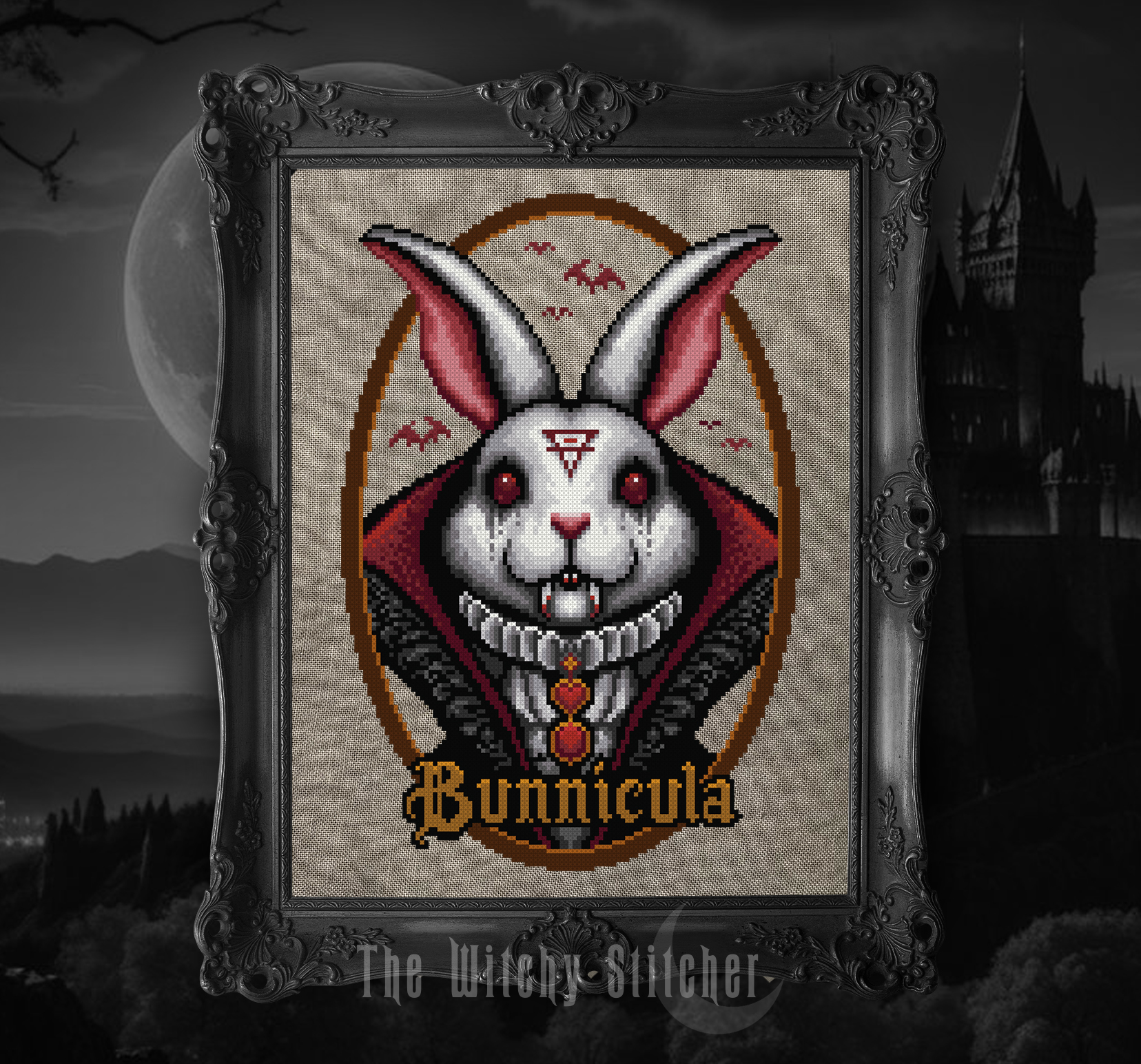 Bunnicula - Halloween Cross Stitch Pattern, different perspective #1, zoomed in. Select this picture to zoom back out.