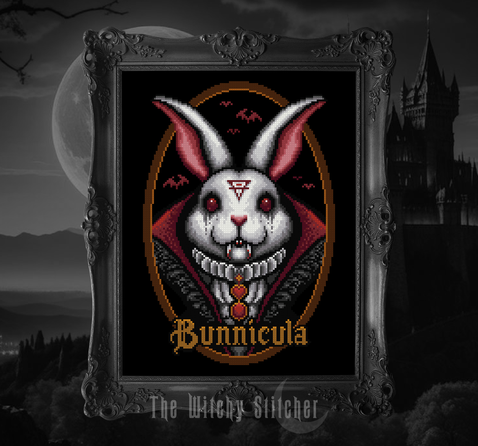 Bunnicula - Halloween Cross Stitch Pattern, zoomed in. Select this picture to zoom back out.