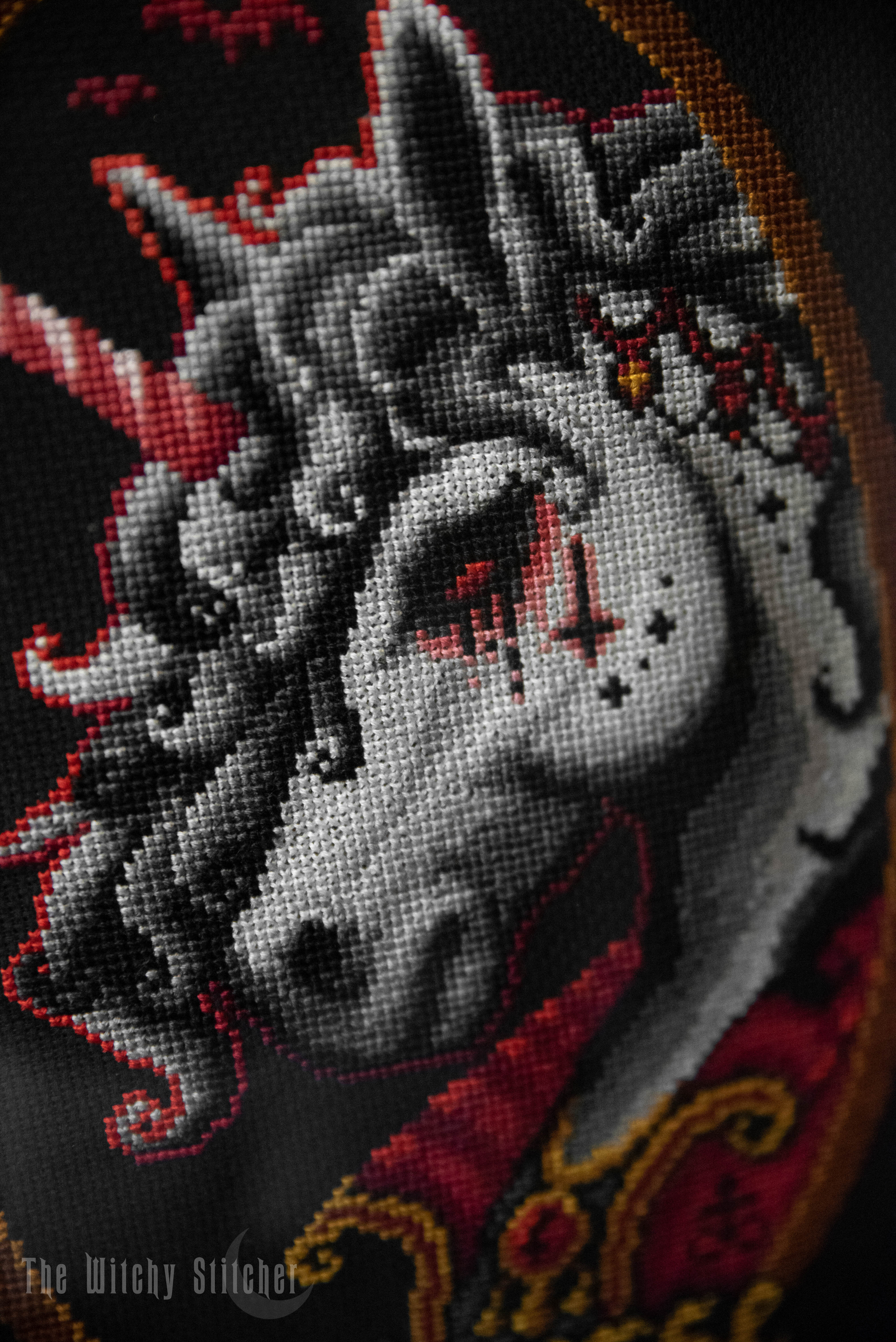 Unicurse - Halloween Cross Stitch Pattern, different perspective #1, zoomed in. Select this picture to zoom back out.