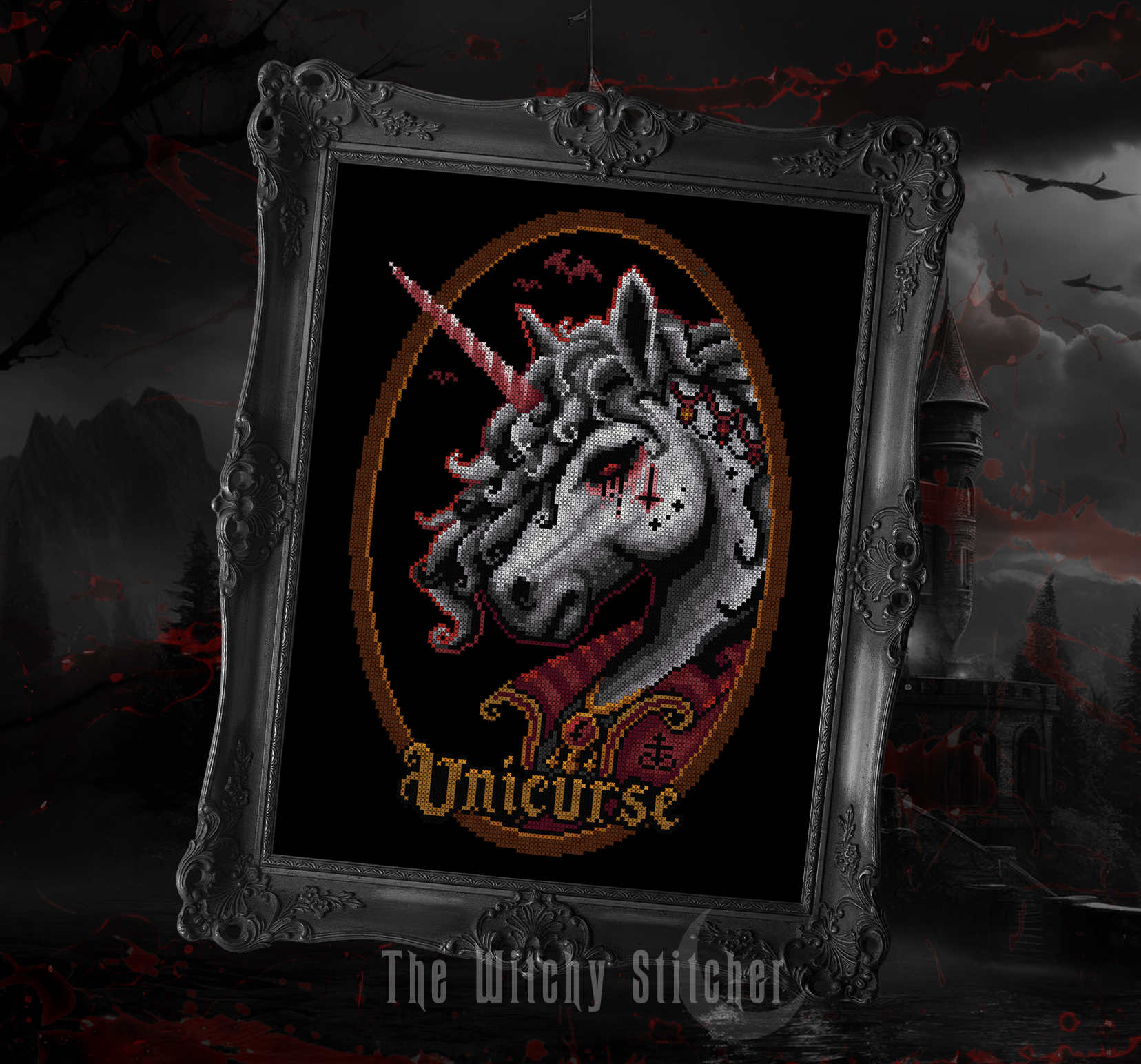 Unicurse - Halloween Cross Stitch Pattern, zoomed in. Select this picture to zoom back out.